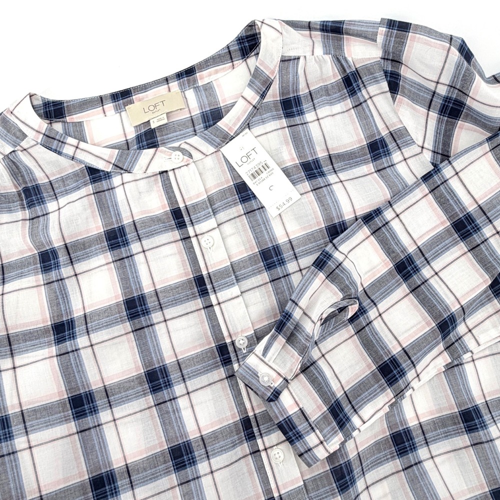 LOFT Plaid Button Down Blouse Womens Small Blue White NWT Long Sleeve 27174395